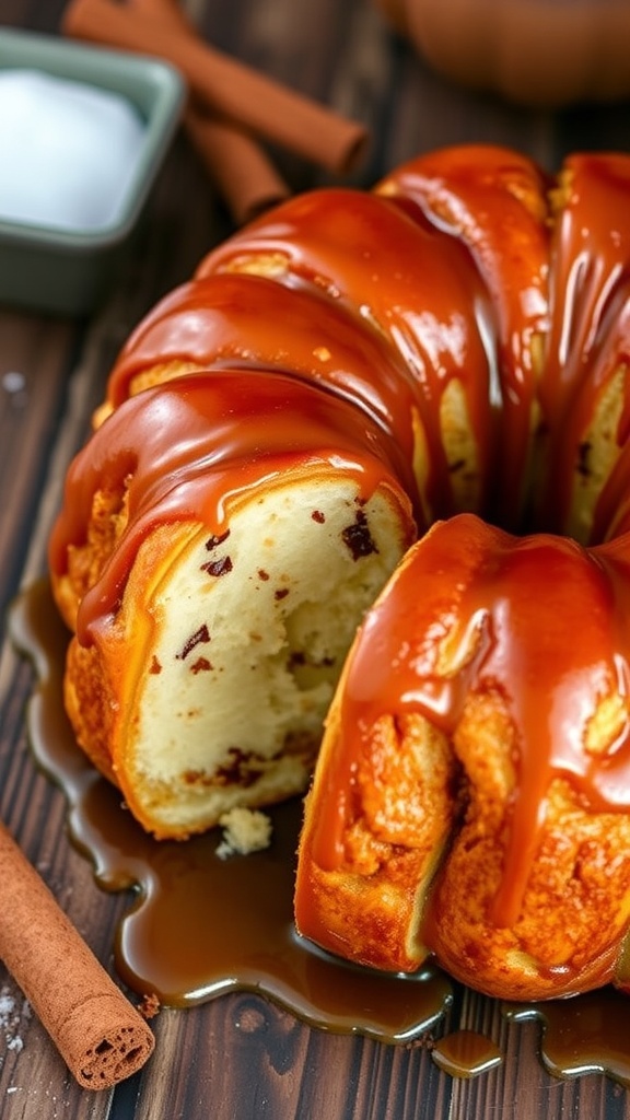 Cinnamon Roll Monkey Bread Recipe A bundt of cinnamon roll monkey bread with caramel glaze and icing, served on a rustic table.